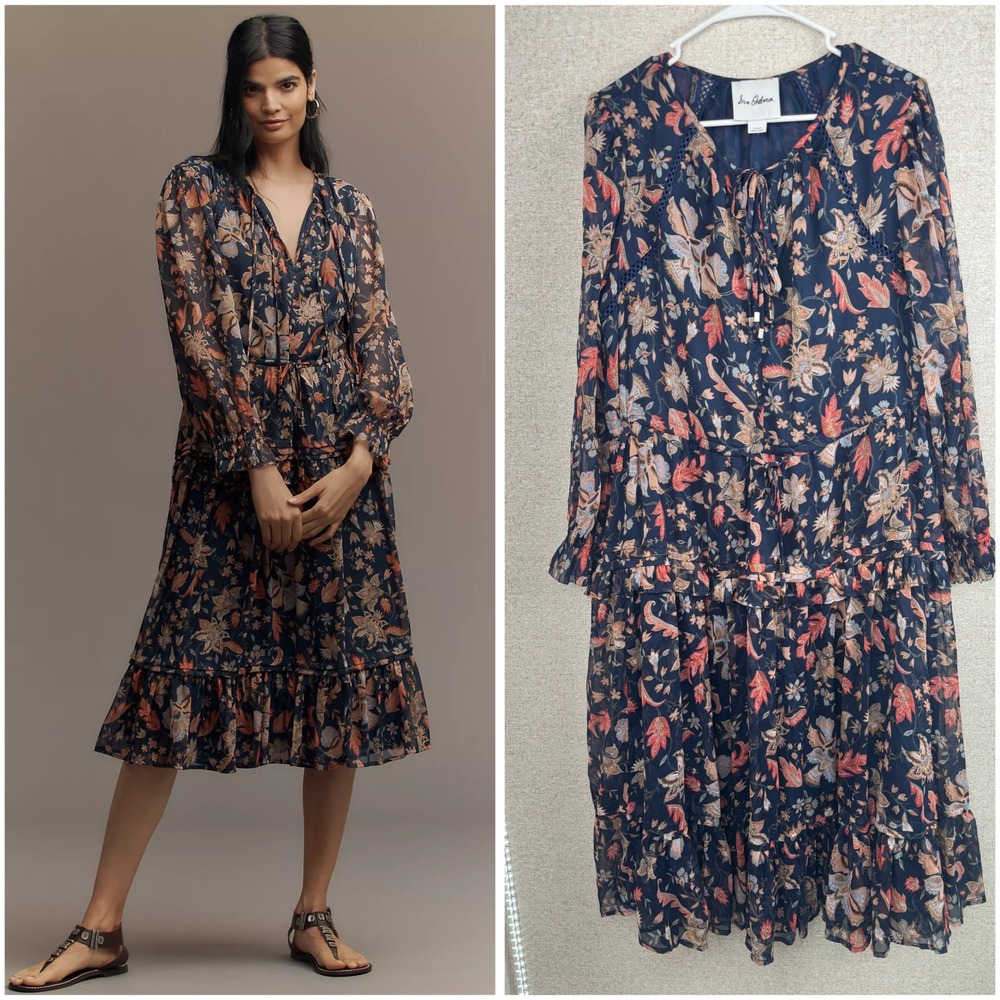 Anthropologie Sam Edelman Womens Clarice Floral Split Neck Navy Midi Swing Dress
